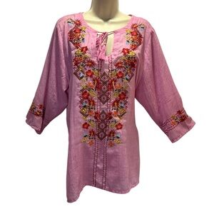 Paparazzi Women Floral Embroidered Tie Front  3/4 Sleeve Pink Tunic Top Size XL